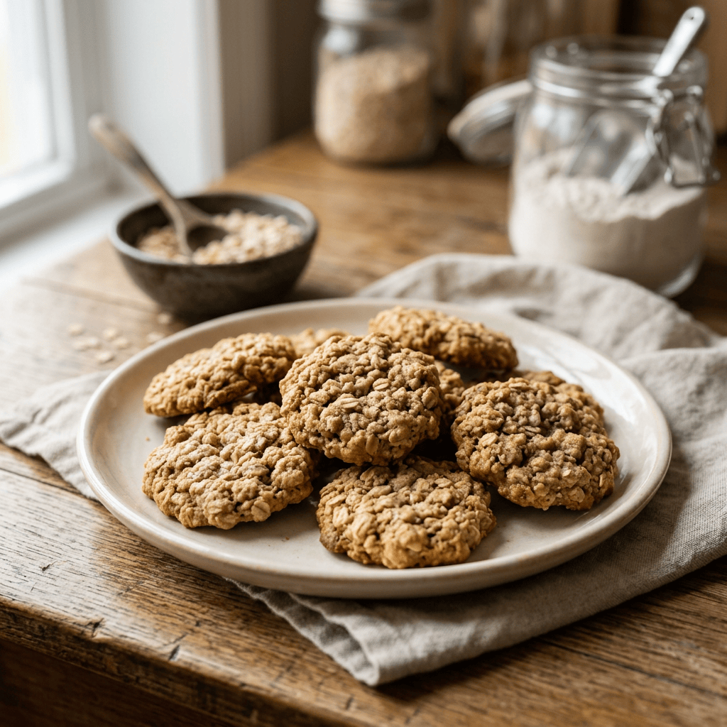 Plate of golden oatmeal cookies beside oats and flour jars